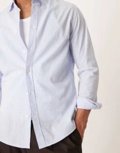 Mango Seersucker Stripe Long Sleeve Shirt In Blue And White For Men -Modern Menswear 208238340 3