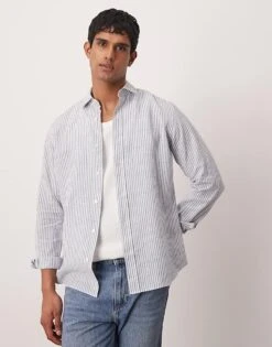 Mango Smart Linen Striped Shirt In Blue For Men Mid Blue -Modern Menswear 208238380 1 midblue 1