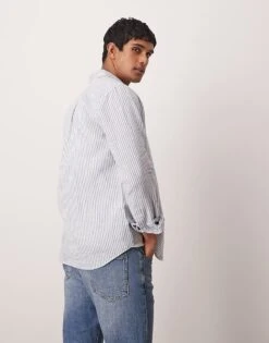 Mango Smart Linen Striped Shirt In Blue For Men Mid Blue -Modern Menswear 208238380 4