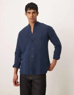 Mango Grandad Collar Linen Longsleeve Shirt In Navy For Men -Modern Menswear 208238381 1 navy 1