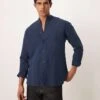 Mango Grandad Collar Linen Longsleeve Shirt In Navy For Men -Modern Menswear 208238381 1 navy