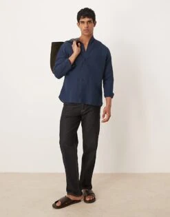 Mango Grandad Collar Linen Longsleeve Shirt In Navy For Men -Modern Menswear 208238381 3