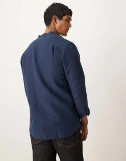 Mango Grandad Collar Linen Longsleeve Shirt In Navy For Men -Modern Menswear 208238381 4