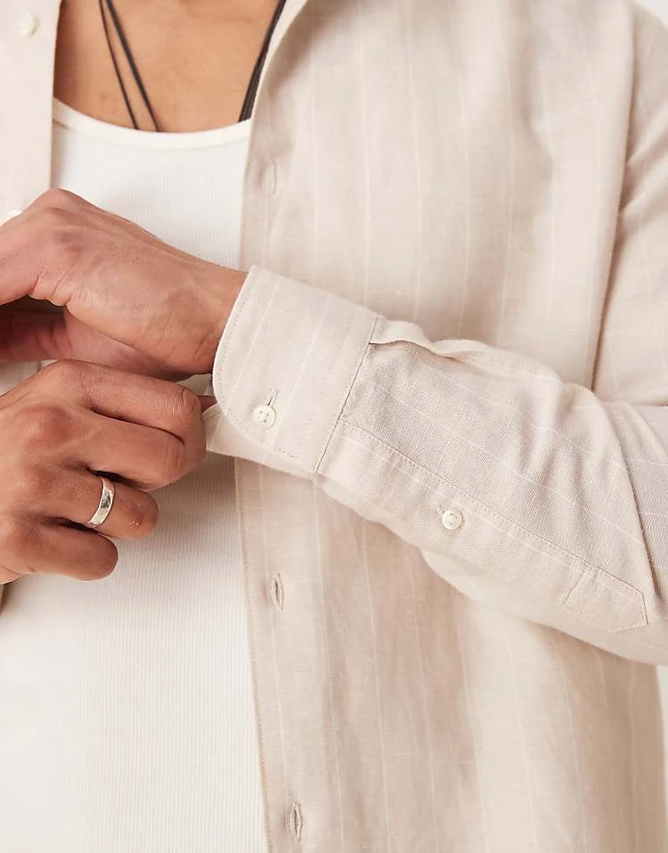 Mango Linen Mix Long Sleeve Shirt In Beige For Men 6 Mango Linen Mix Long Sleeve Shirt In Beige For Men - Image 4