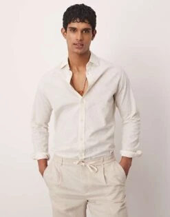 Mango Seersucker Stripe Long Sleeve Shirt In Beige And White For Men