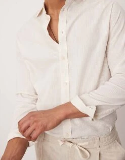 Mango Seersucker Stripe Long Sleeve Shirt In Beige And White For Men -Modern Menswear 208238786 3