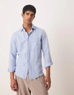 Mango Linen Mix Long Sleeve Shirt In Light Blue For Men