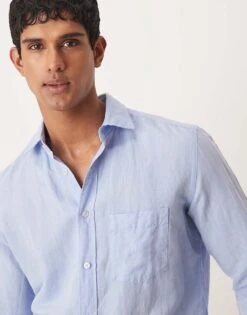 Mango Linen Mix Long Sleeve Shirt In Light Blue For Men -Modern Menswear 208238819 3