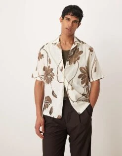 Mango Cotton Floral Print Short Sleeve Shirt In White And Brown For Men -Modern Menswear 208238843 1 white 1