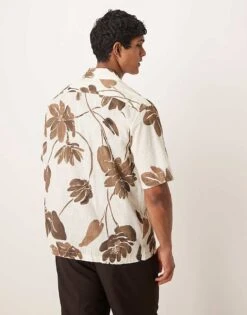 Mango Cotton Floral Print Short Sleeve Shirt In White And Brown For Men -Modern Menswear 208238843 3
