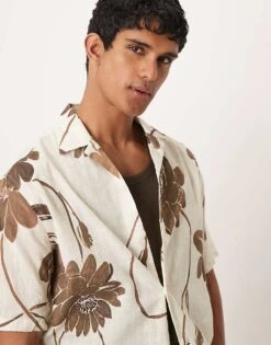 Mango Cotton Floral Print Short Sleeve Shirt In White And Brown For Men -Modern Menswear 208238843 4