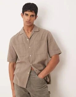 Mango Linen Mix Textured Stripe Short Sleeve Shirt In Brown For Men -Modern Menswear 208238849 1 brown 1