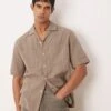 Mango Linen Mix Textured Stripe Short Sleeve Shirt In Brown For Men -Modern Menswear 208238849 1 brown