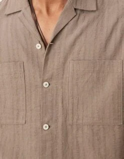 Mango Linen Mix Textured Stripe Short Sleeve Shirt In Brown For Men -Modern Menswear 208238849 3