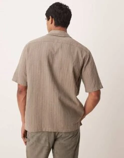 Mango Linen Mix Textured Stripe Short Sleeve Shirt In Brown For Men -Modern Menswear 208238849 4