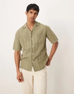 Mango Linen Mix Stripe Short Sleeve Shirt In Green For Men Light Green -Modern Menswear 208238879 1 lightgreen 1