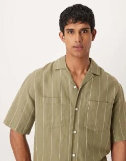Mango Linen Mix Stripe Short Sleeve Shirt In Green For Men Light Green -Modern Menswear 208238879 2