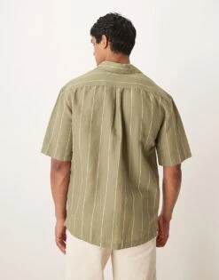 Mango Linen Mix Stripe Short Sleeve Shirt In Green For Men Light Green -Modern Menswear 208238879 4